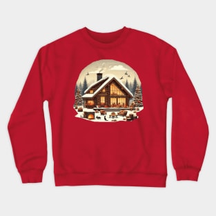 a warm and inviting cabin surrounded by a snowy landscape. and there's elements like a crackling fireplace, decorated Christmas tree, and a family or group of friends enjoying the holiday season inside. Crewneck Sweatshirt